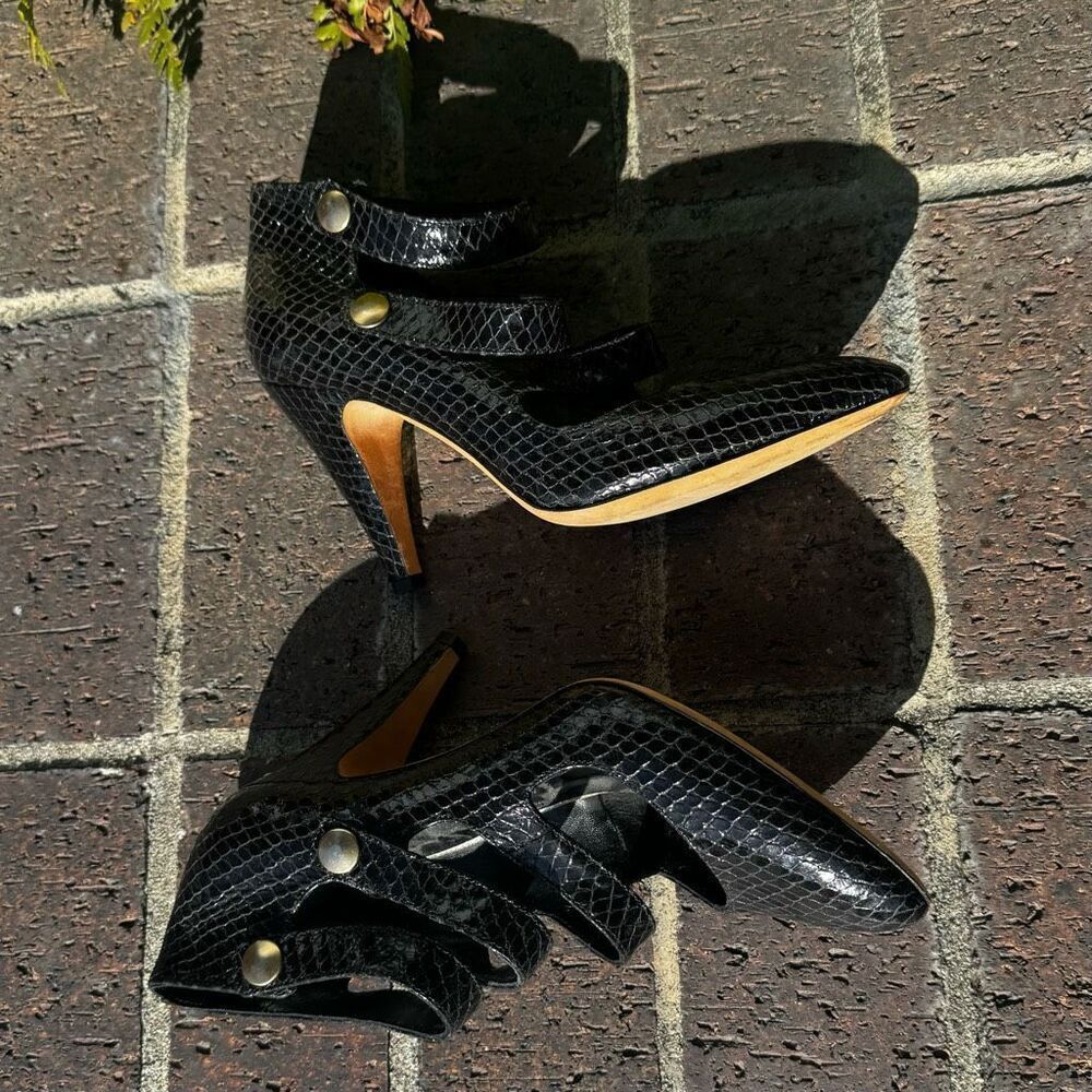 Loeffler‎ Randall Size 10.5 Black Snakeskin Mary Jane Strappy High Heels Shoes - Picture 7 of 10